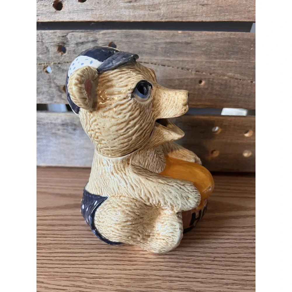 Ceramic Brown Bear Honey Pot with Hat Glazed ceramic Handpainted MCM‎ 1979